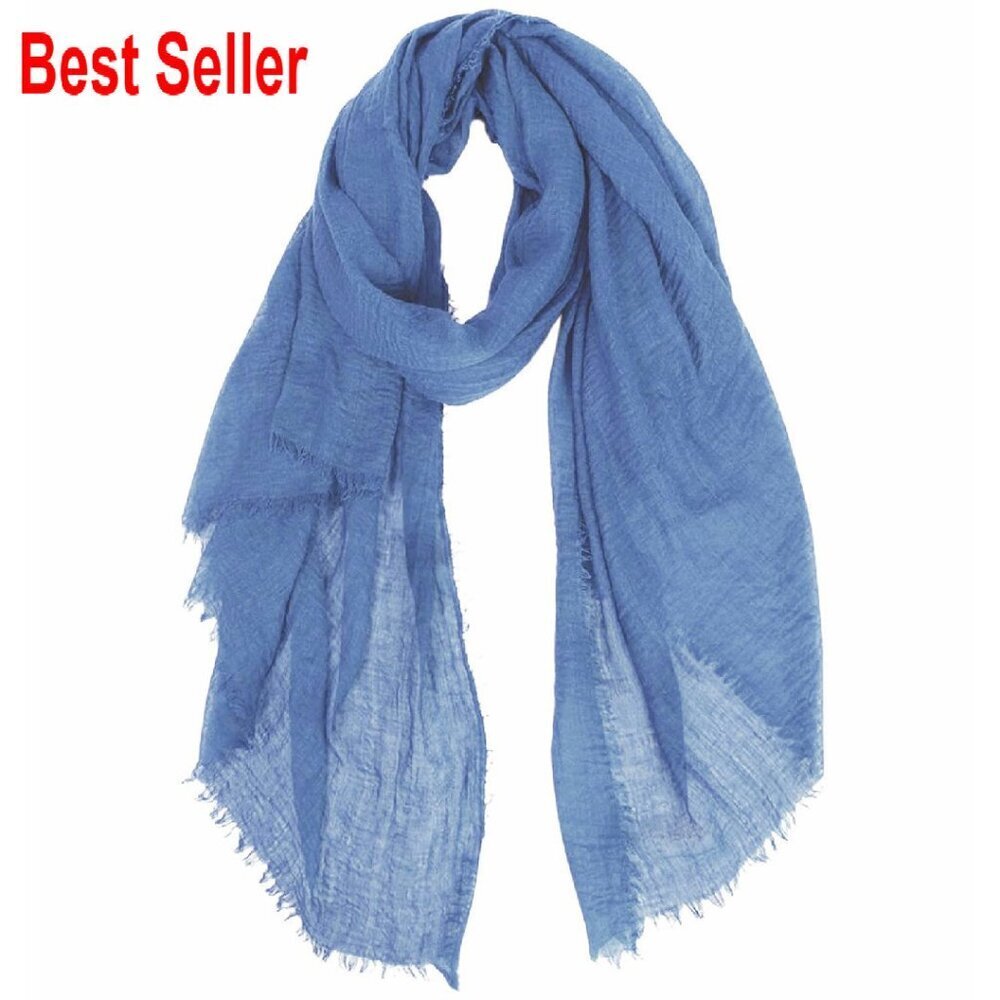 Cotton Blend Crinkle Vintage Scarf Oversized Shawl Fringed Edges Soft